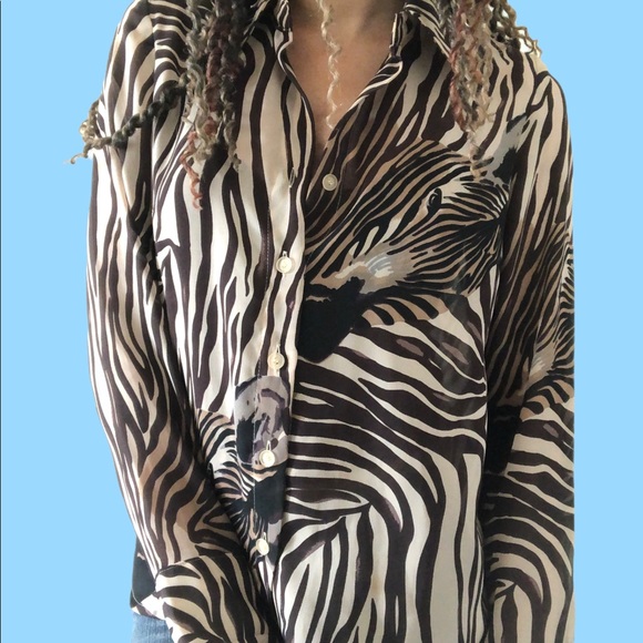 Long Sleeve Zebra Print Button Up Blouse - Picture 3 of 4